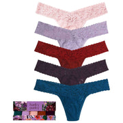 Hanky Panky Signature Lace Low Rise 5 Pack Thongs - Blushing Rose/Lavendar/Clay/Plum/Hot Teal