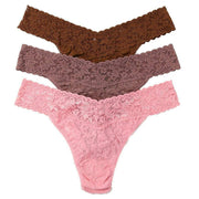 Hanky Panky Signature Lace 3 Pack Original Rise Thong - Pink Lady/Artichoke/Macchiato Brown